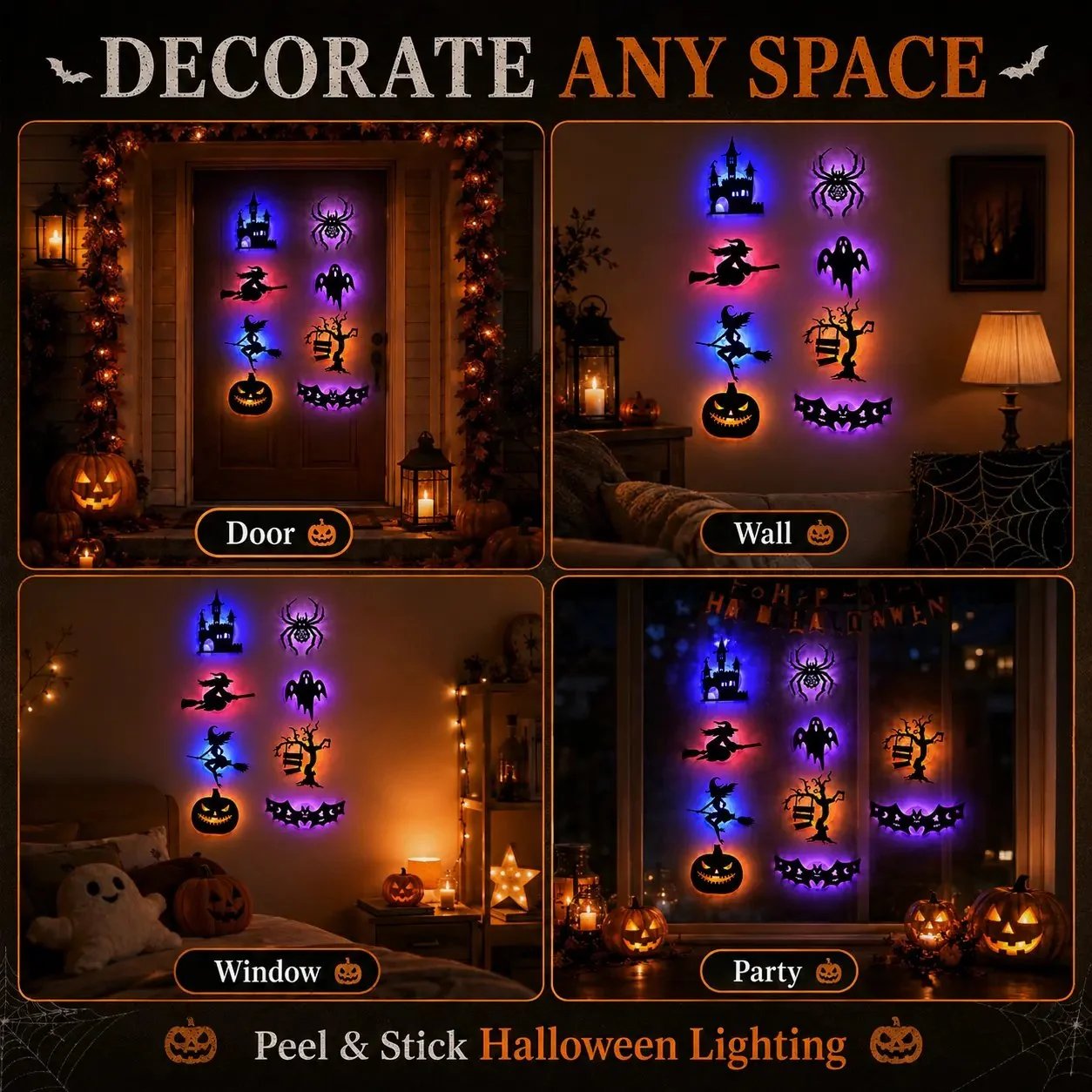 🔥LAST DAY 49% OFF | 🎃 Halloween LED Wall Light Stickers, No Drill No Residue, 8 Spooky Silhouette Designs