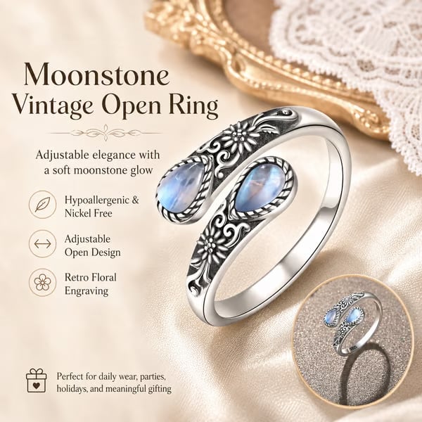Moonstone Bloom Ring | Vintage Style • Adjustable Fit • Timeless Elegance