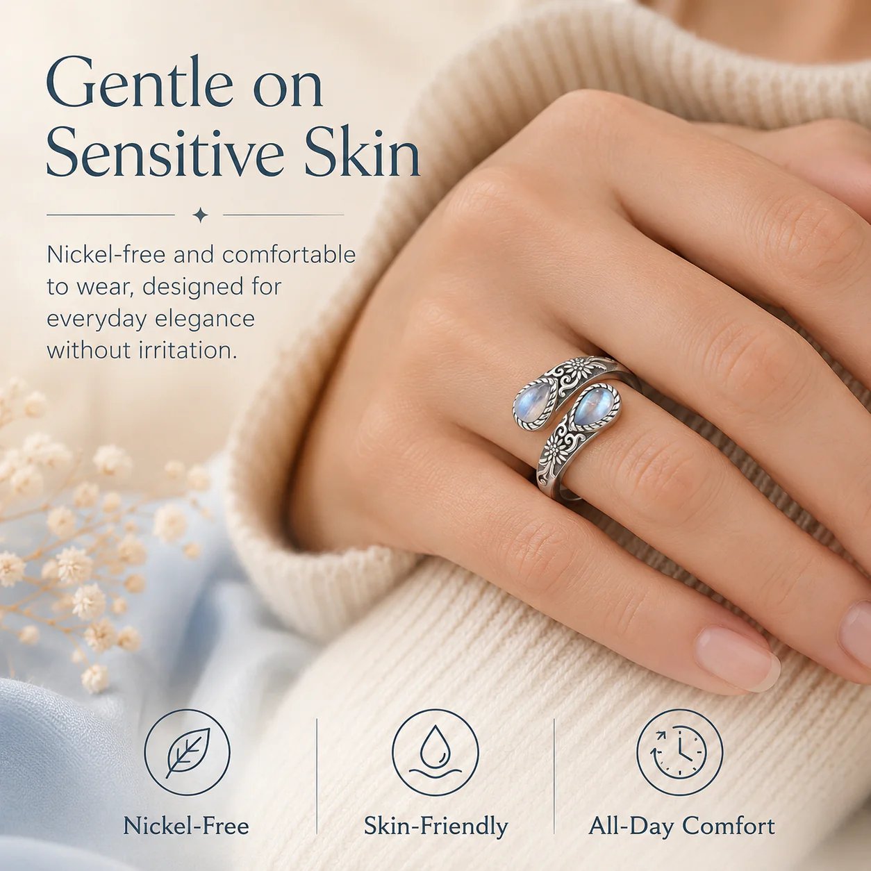 Moonstone Bloom Ring | Vintage Style • Adjustable Fit • Timeless Elegance